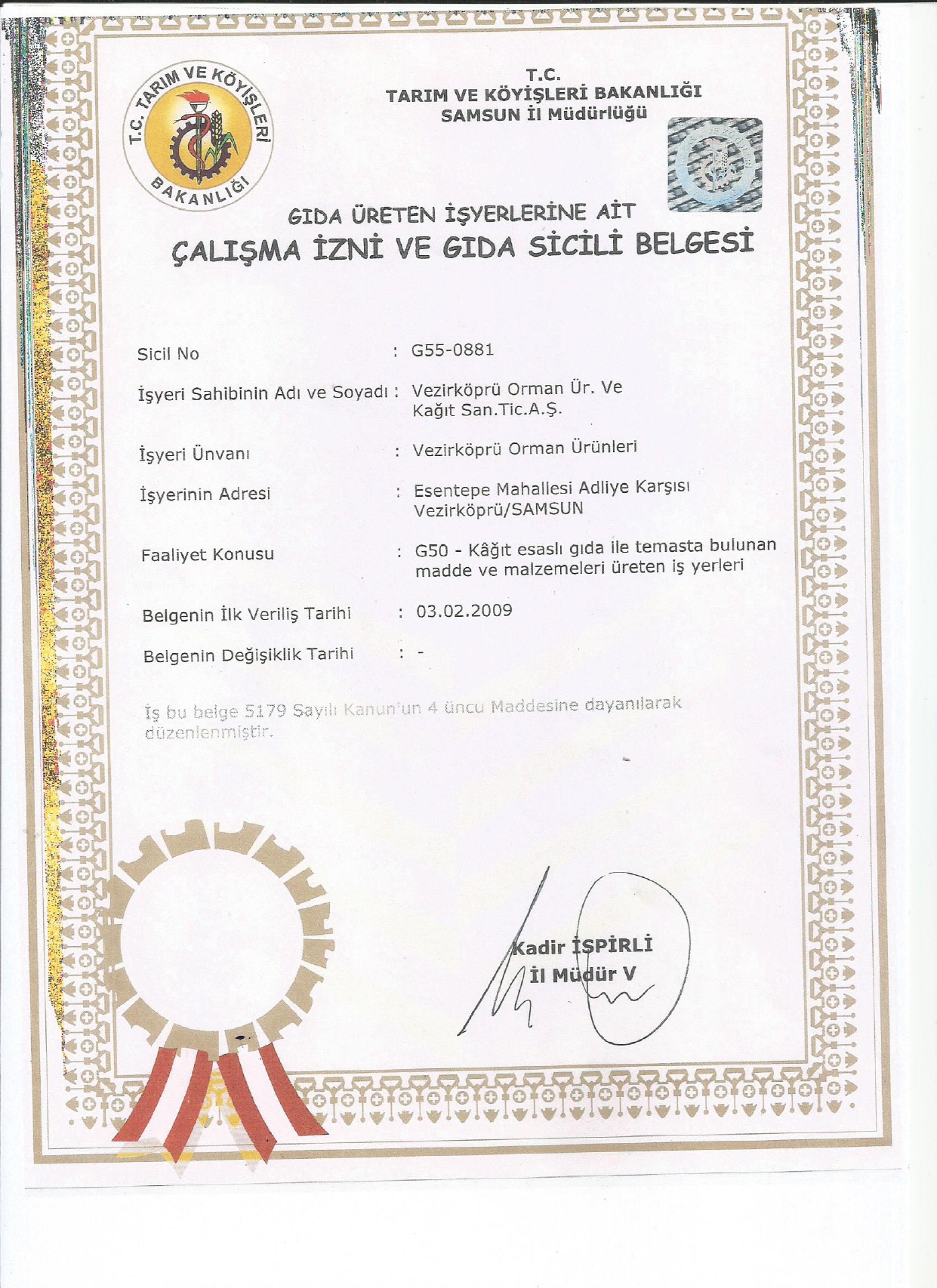 GIDA ÜRETİM İZİN BELGESİ